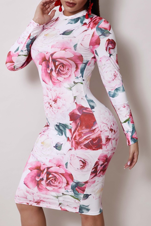 

Lovely Stylish Floral Print White Knee Length Dress