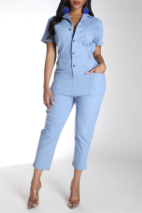 

Lovely Stylish Buttons Design Blue One-piece Jumpsuit