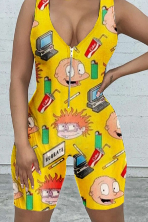 

Lovely Leisure Cartoon Print Yellow One-piece Romper