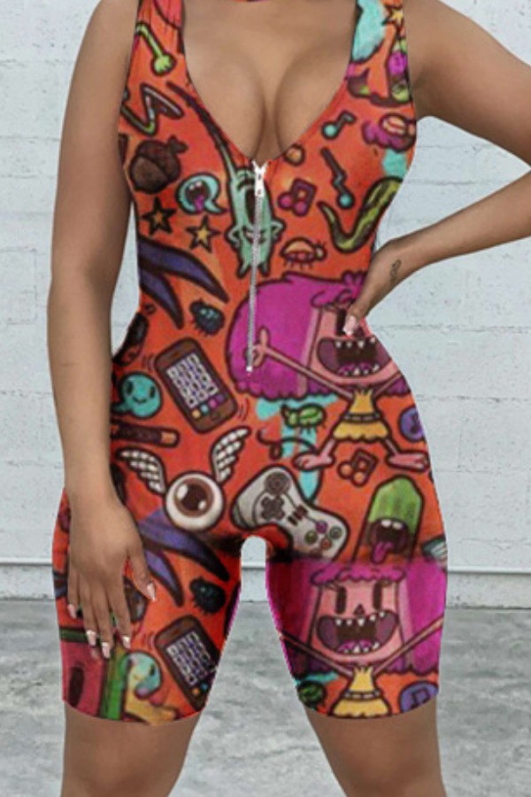 

Lovely Leisure Cartoon Print Orange One-piece Romper