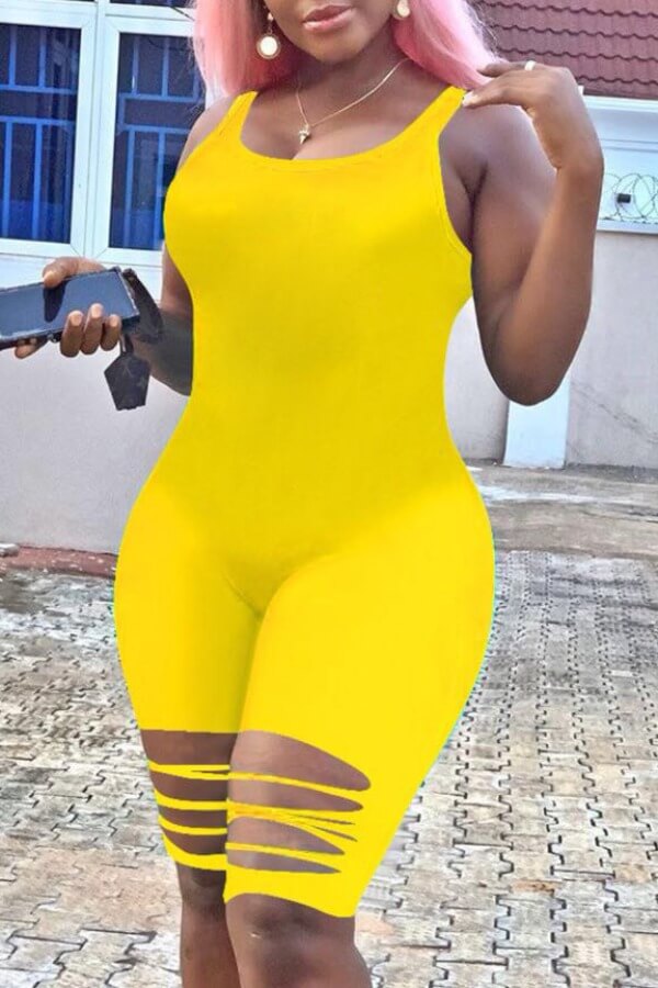 

LW Leisure Hollow-out Yellow One-piece Romper