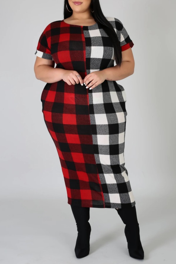 

Lovely Stylish Grid White Mid Calf Plus Size Dress