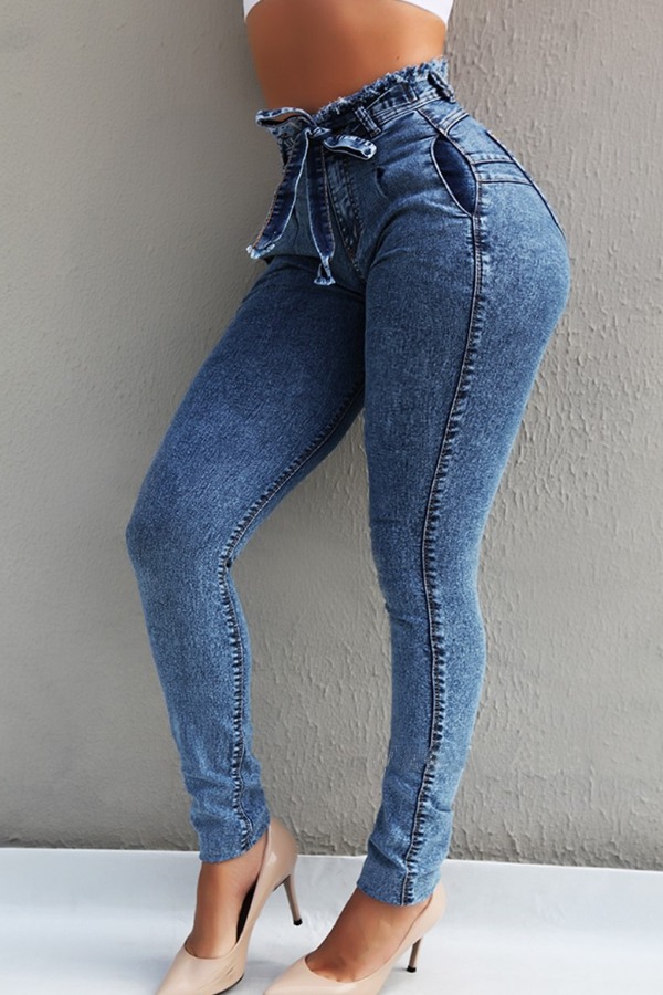 

Lovely Stylish Lace-up Deep Blue Plus Size Jeans