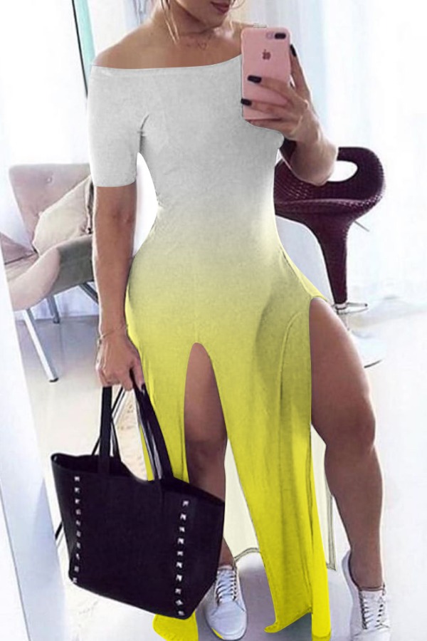 

Lovely Trendy Gradual Change Side Slit Yellow Maxi Dress