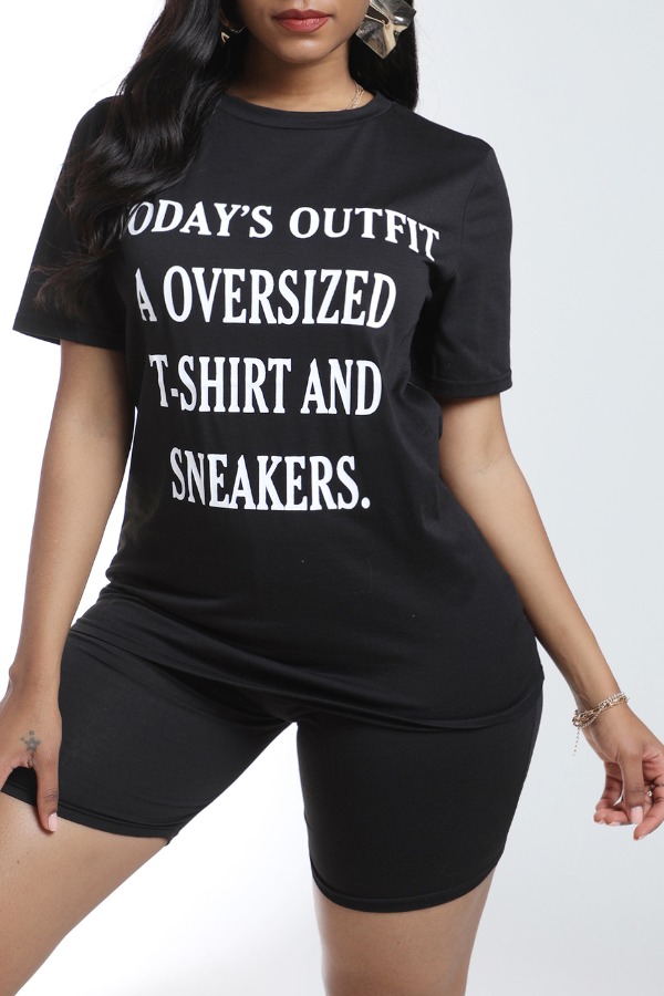 

Lovely Casual Letter Print Black Two-piece Shorts Set