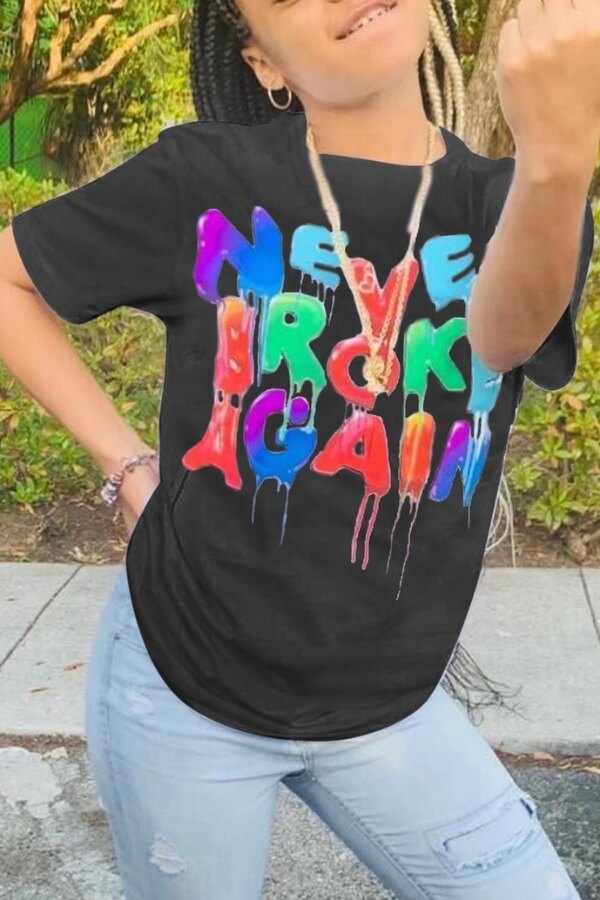 

Lovely Casual O Neck Letter Print Black T-shirt