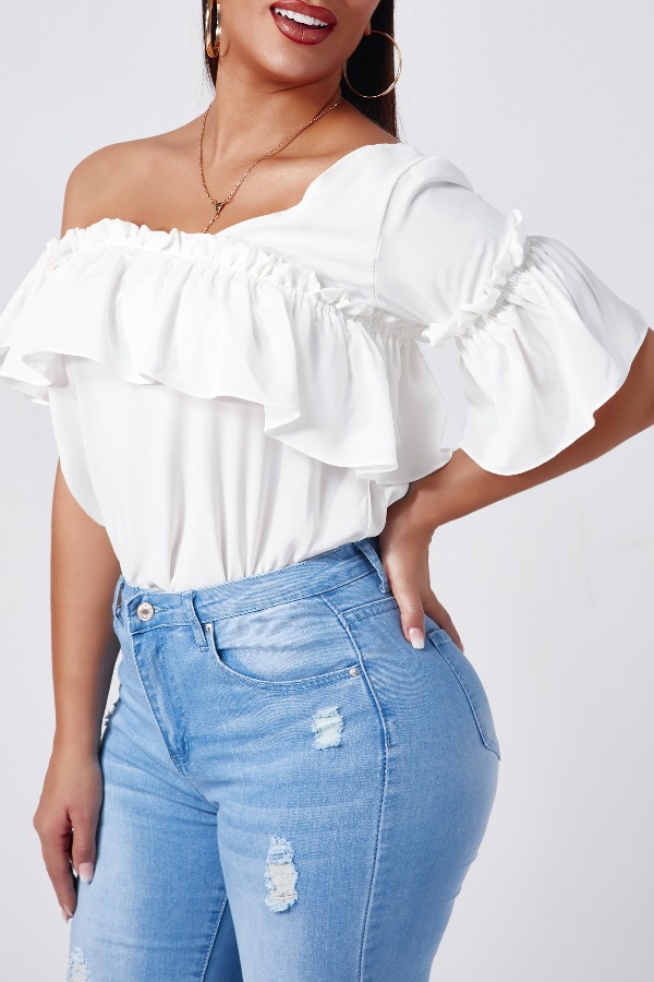 

Lovely Trendy Flounce Design White Blouse