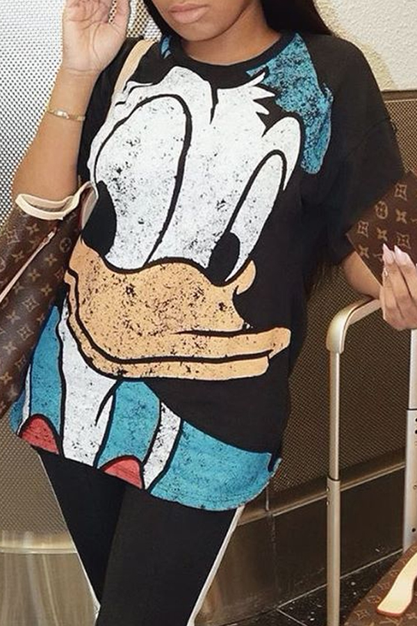 

Lovely Stylish Cartoon Print Black Shirt