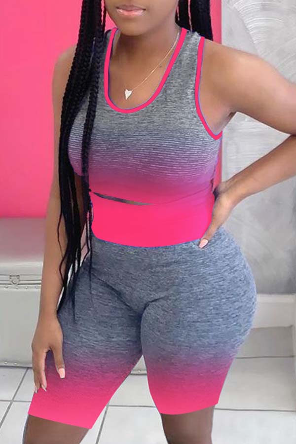 

Lovely Casual Gradual Change Rose Red Two-piece Shorts Set
