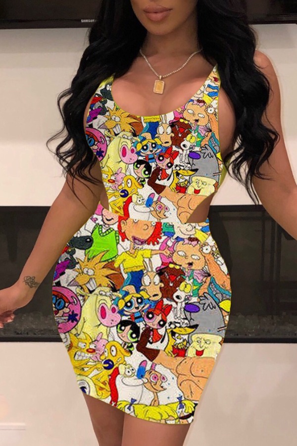

Lovely Stylish Cartoon Print Yellow Two-piece Skirt Set