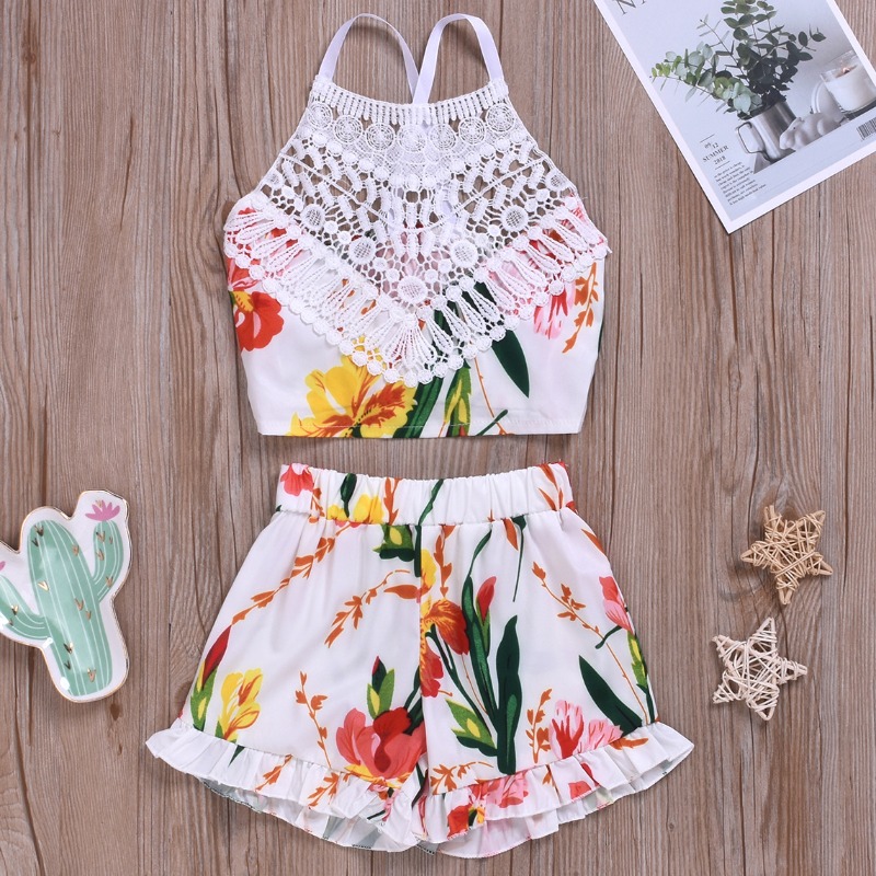 

Lovely Bohemian Plants Print White Girl Two-piece Shorts Set