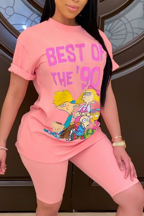 

Lovely Leisure Cartoon Print Ligh Pink Two-piece Shorts Set, Light pink