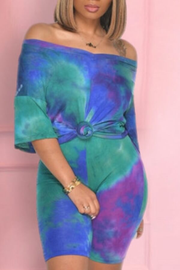 

LW Off The Shoulder Tie-dye Shorts Set, Blue