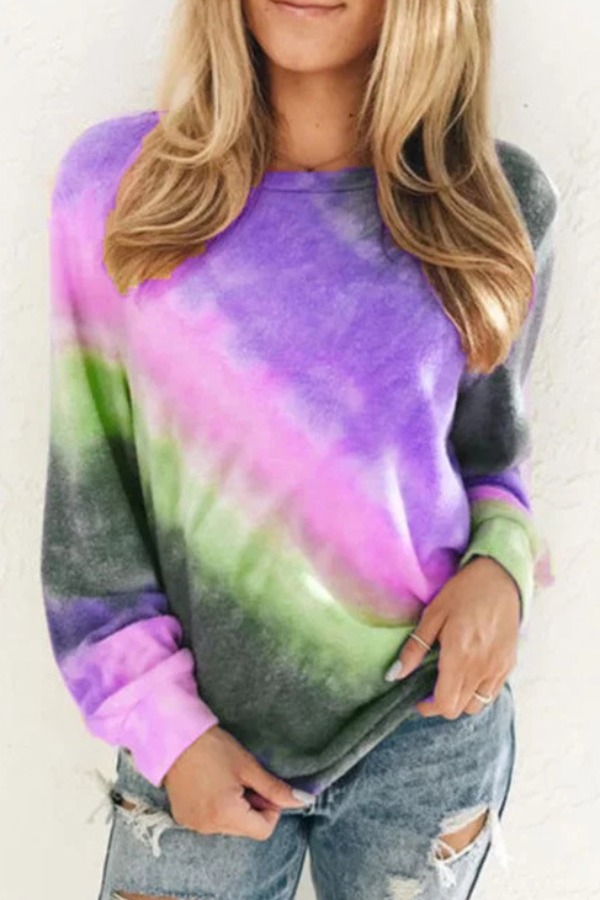 

Lovely Casual O Neck Tie-dye Purple Plus Size T-shirt