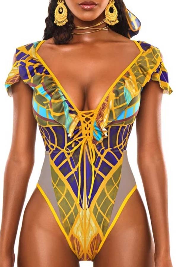 

Lovely Cut-Out Print Yellow One-piece Swimsuit