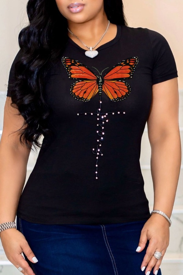 

Lovely Leisure O Neck Butterfly Print Black T-shirt