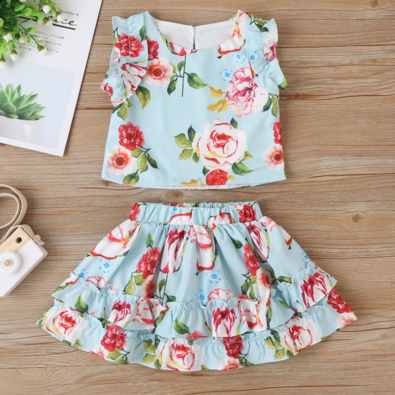 

Lovely Stylish Print Baby Blue Girl Two-piece Skirt Set