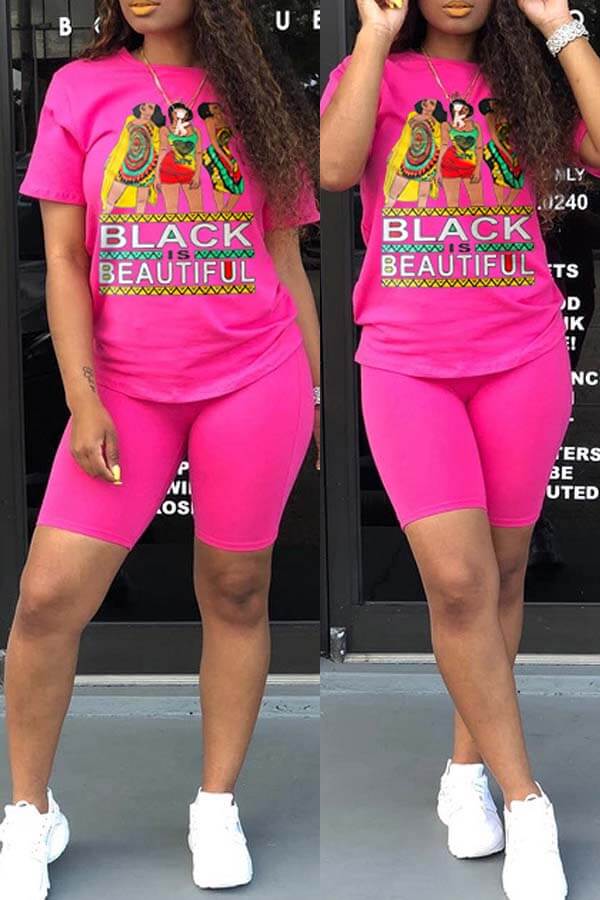 

Lovely Leisure Print Rose Red Two-piece Shorts Set