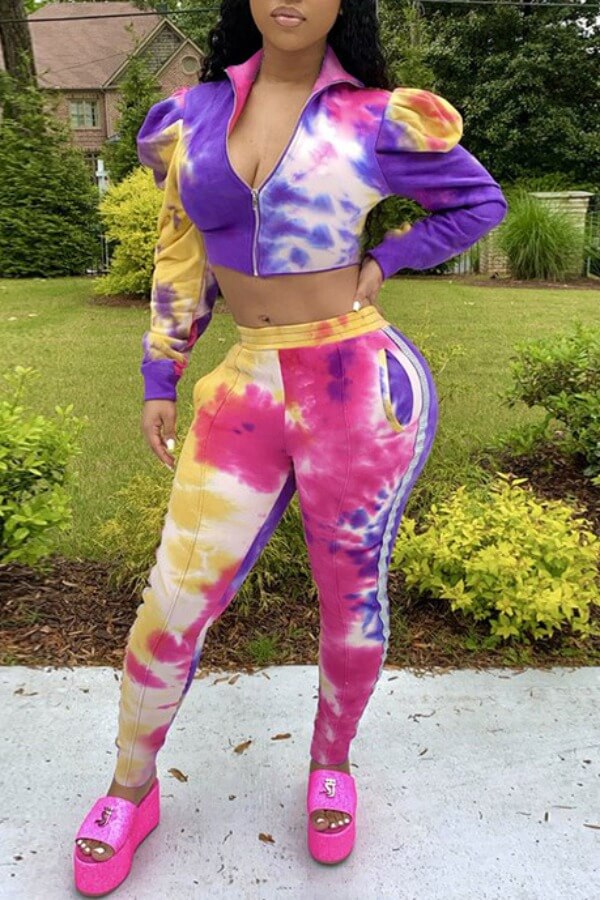 

Lovely Trendy Tie-dye Purple Two-piece Pants Set