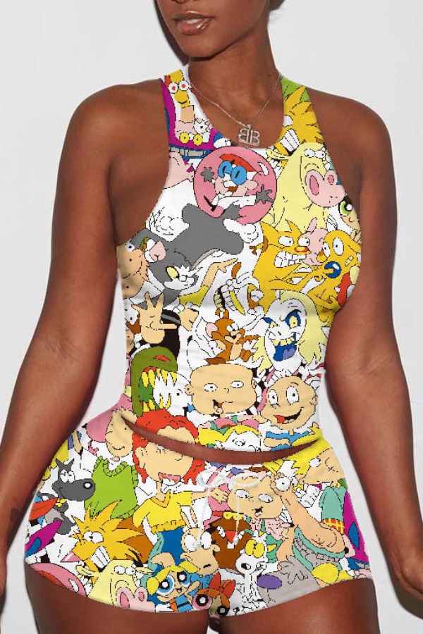 

Lovely Leisure Cartoon Print Yellow Two-piece Shorts Set