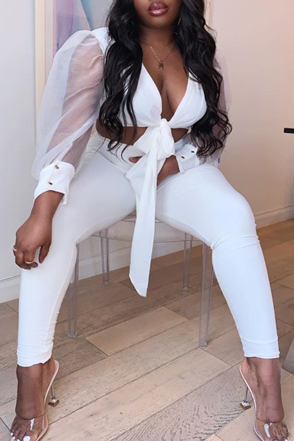 

Lovely Trendy Patchwork White Two-piece Pants Set