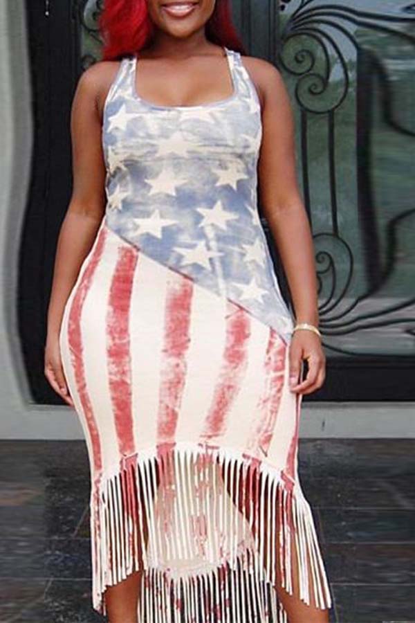 

Lovely Independence Day Casual Print White Mid Calf Plus Size Dress