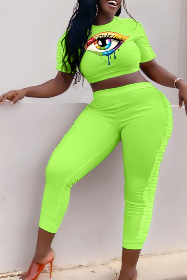 

Lovely Casual Eye Print Green Two-piece Pants Set
