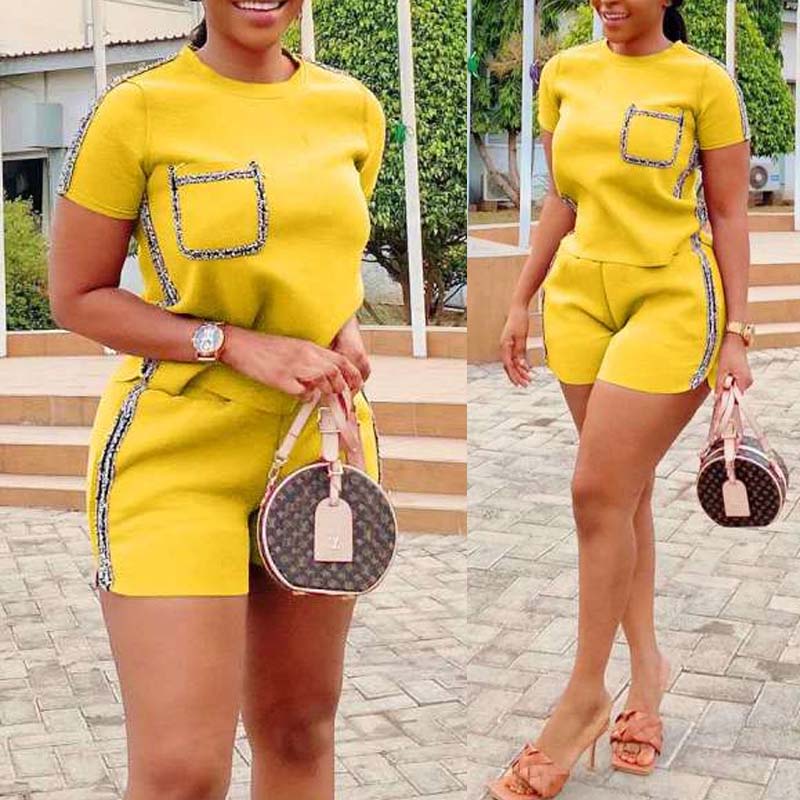 

Lovely Casual O Neck Patchwork Yellow Two-piece Shorts Set