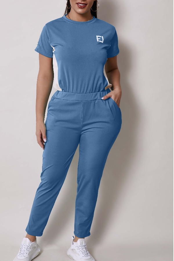 

Lovely Sportswear Patchwork Acid Blue Two-piece Pants Set