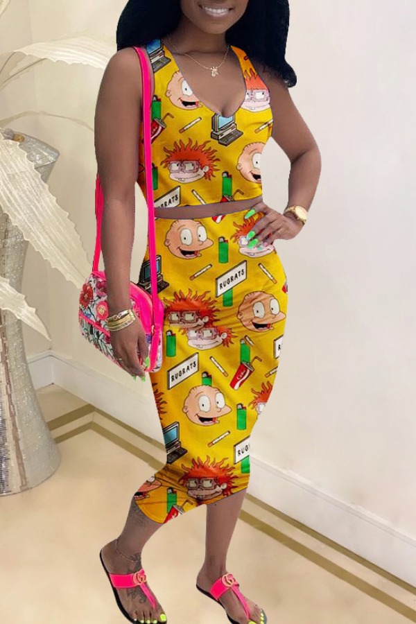 

Lovely Casual Cartoon Print Yellow Two-piece Skirt Set
