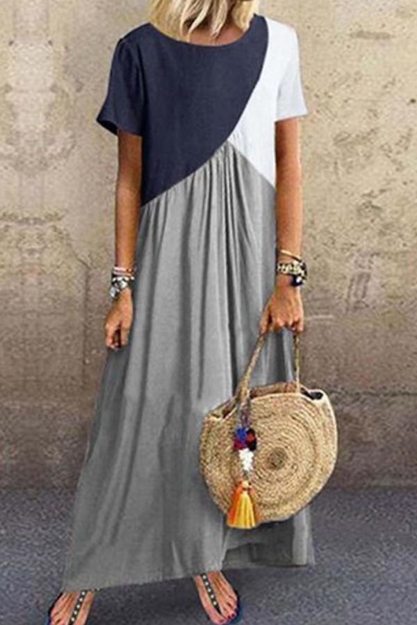 

Lovely Casual Patchwork Grey Ankle Length Plus Size Dress