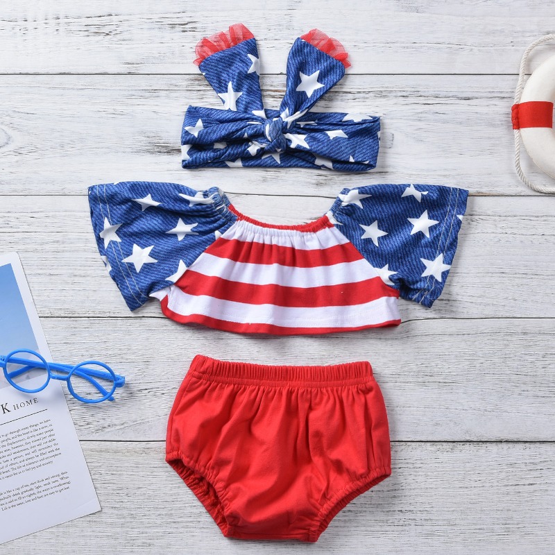 

Lovely Independence Day Casual Print Red Girl Two-piece Shorts Set