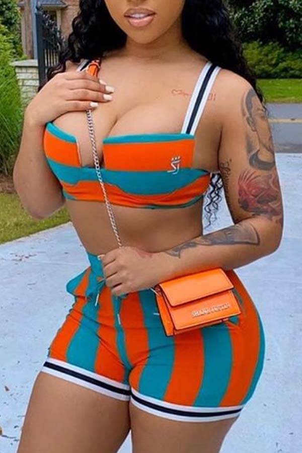 LW SXY Striped Orange Two-piece Shorts Set