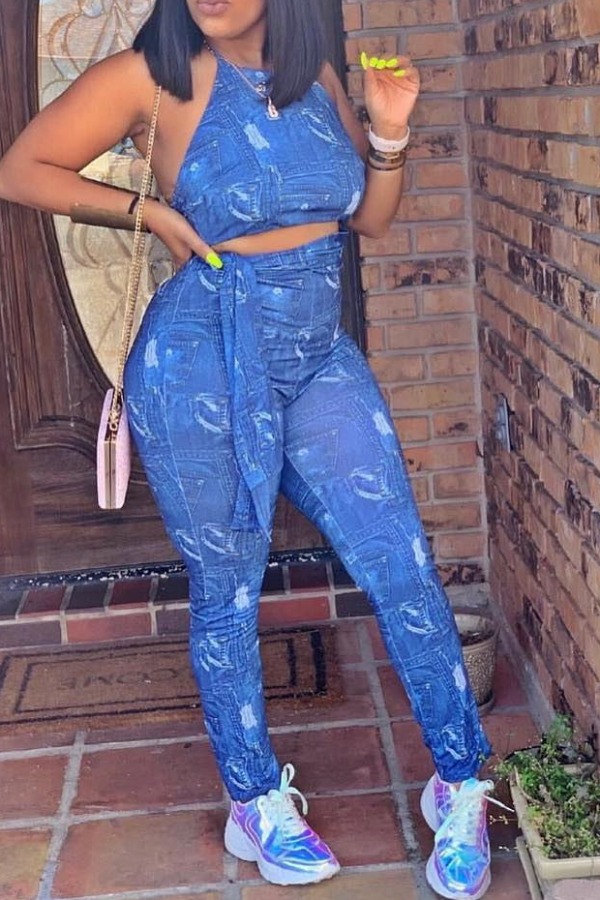 Lovely Sexy Backless Blue One-piece Jumpsuit