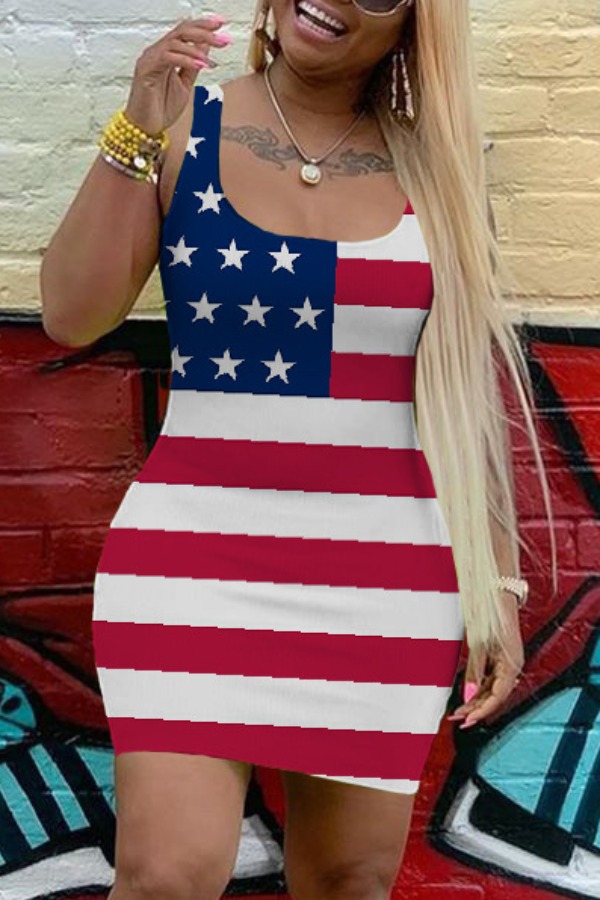 

Lovely Independence Day Casual Striped Print Blue Mini Dress