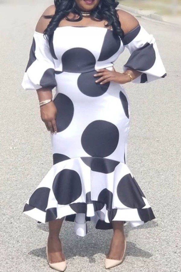 

Lovely Stylish Dot Print White Mid Calf Plus Size Dress