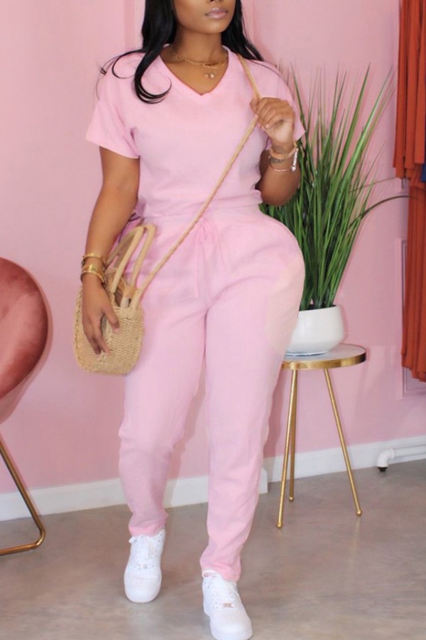 

Lovely Sportswear Lace-up Pink Plus Size Two-piece Pants Set