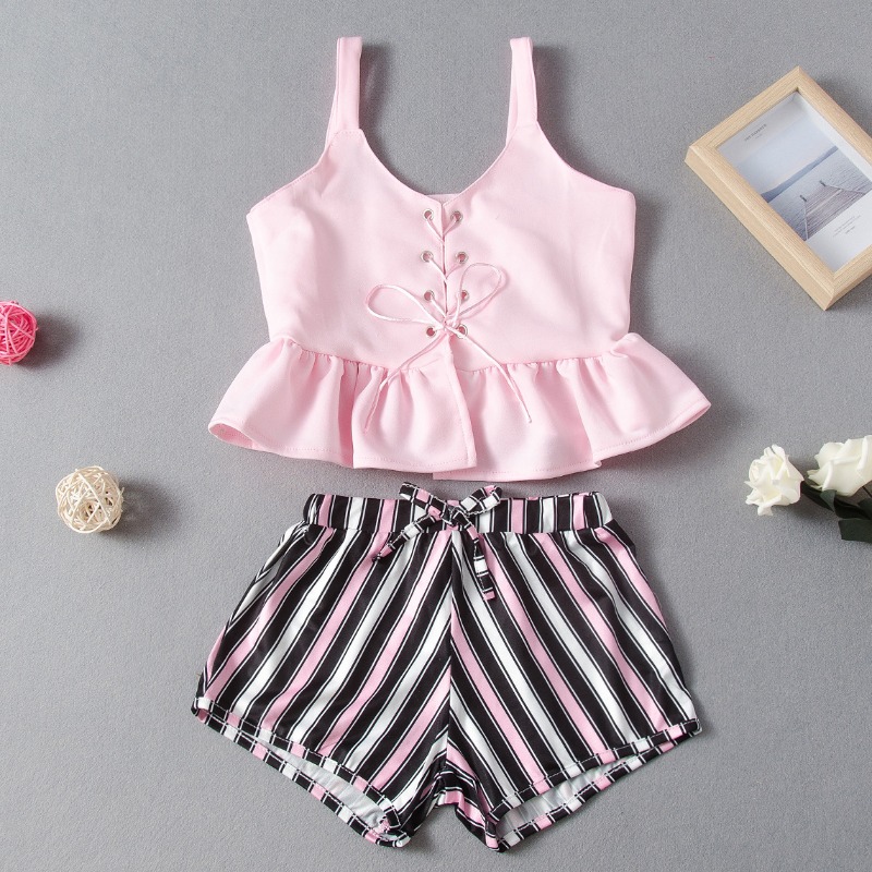 

Lovely Stylish Striped Pink Girl Two-piece Shorts Set