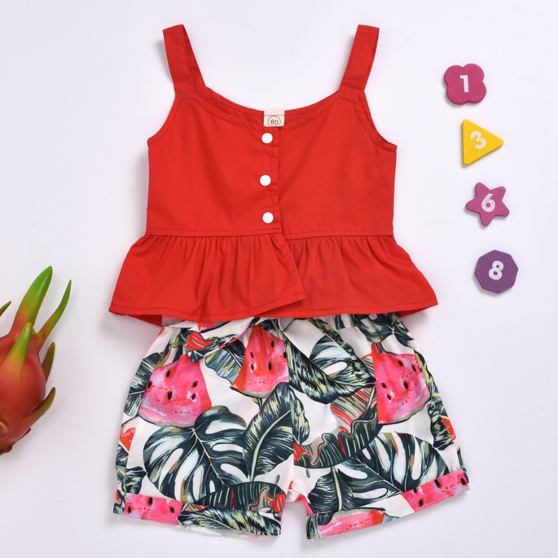 

Lovely Sweet Plants Print Red Girl Two-piece Shorts Set