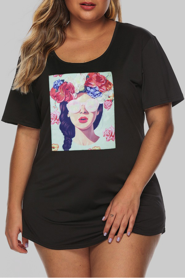 

Lovely Casual Print Black Mini Plus Size Dress
