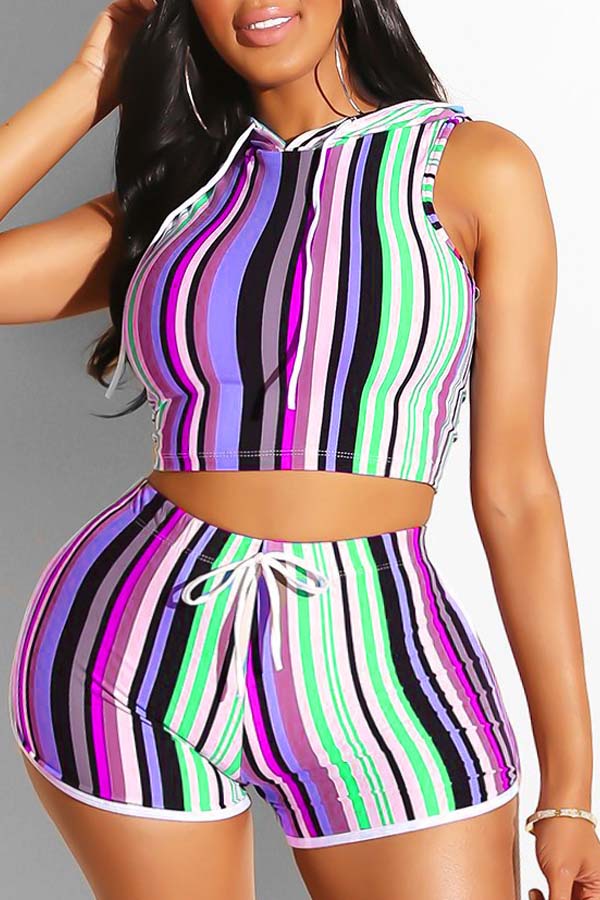 Lovely Stylish Striped Purple Plus Size Two-piece Shorts Set