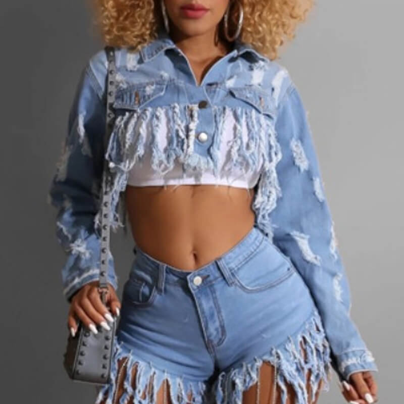 

Lovely Stylish Tassel Design Baby Blue Plus Size Jacket