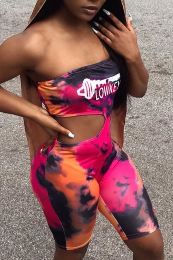 

Lovely Trendy Dew Shoulder Tie-dye Rose Red One-piece Romper