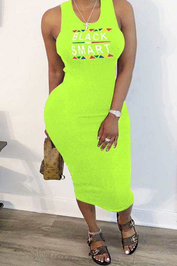 

Lovely Casual Letter Print Green Mid Calf Dress