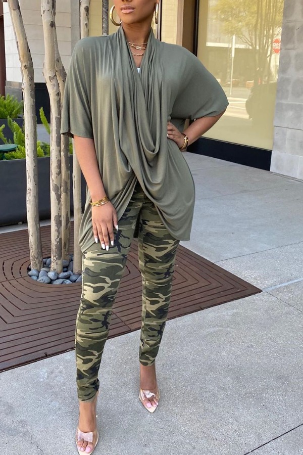 

lovely Casual Print Army Green Two-piece Pants Set