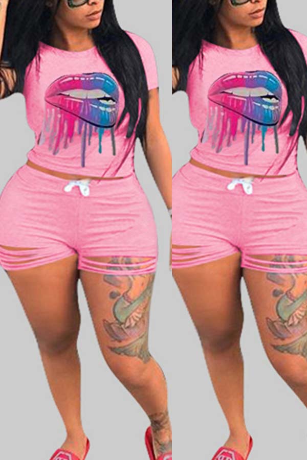 

lovely Leisure Print Pink Plus Size Two-piece Shorts Set