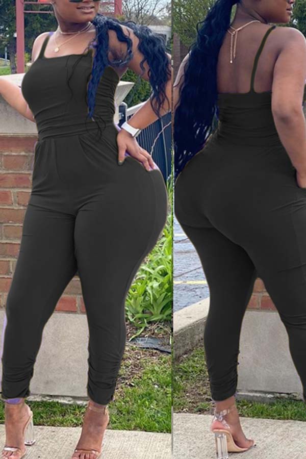 

lovely Sexy Pocket Patched Black Plus Size One-piece Jumpsuit