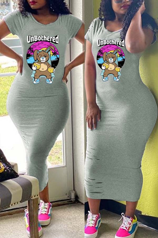 

lovely Stylish Cartoon Print Grey Mid Calf Plus Size Dress