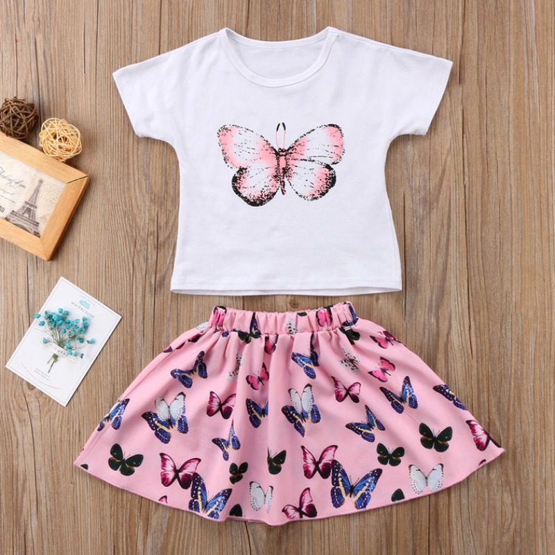 

lovely Leisure Butterfly Print White Girl Two-piece Skirt Set