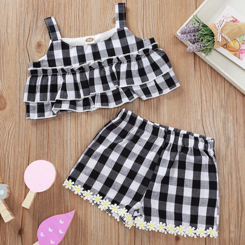 

lovely Stylish Grid Print Black Girl Two-piece Shorts Set